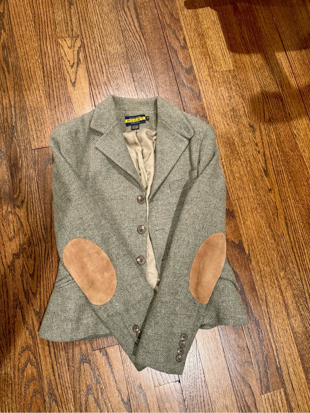Rugby Ralph Lauren Olive Green Wool Blazer with Tan Elbow Patches